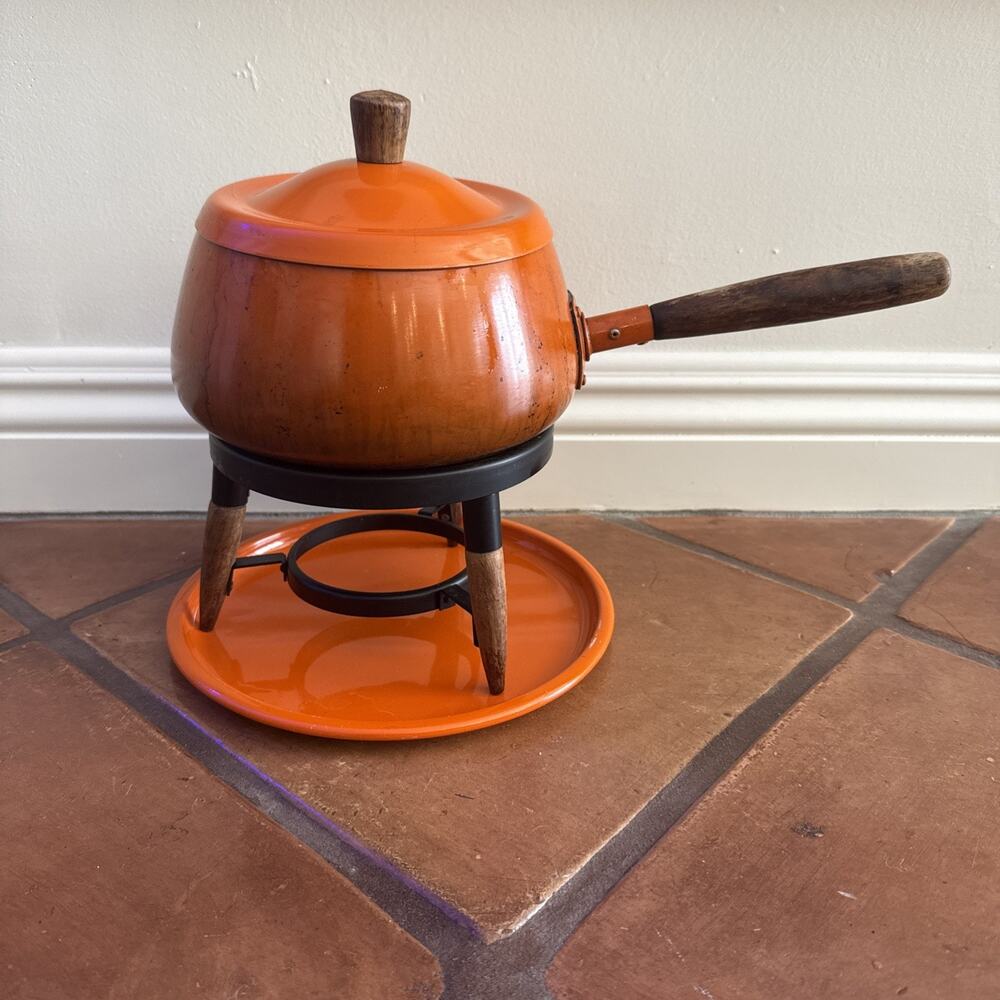 Vintage Mid Century Modern Orange Enamel Fondue Pot Set Wood Handle MCM Retro